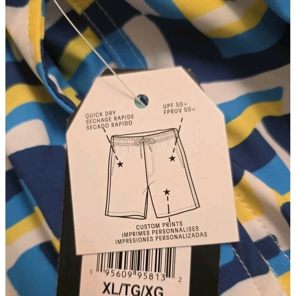 Hot‎ Coals Mens XL Swim Trunks Blue Yellow Geometric Maze Quick Dry UPF 50+ NWT